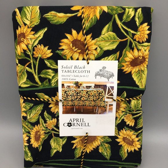 April Cornell Soleil Sunflower 60x104 Tablecloth Black Yellow 100% Cotton NEW - Picture 1 of 5